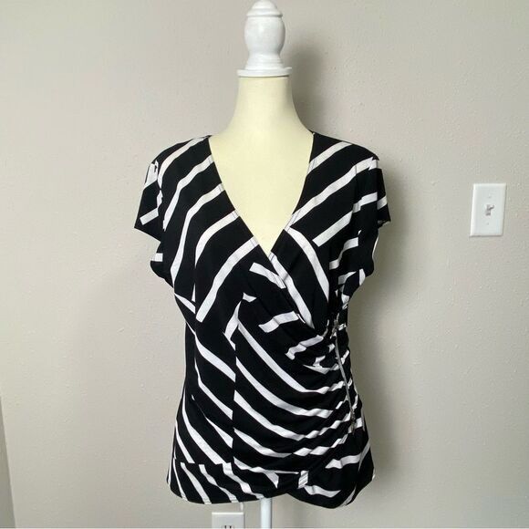 Vintage Joseph Ribkoff Black White Striped Faux Wrap VNeck Blouse Womens Size 18 - Picture 6 of 15